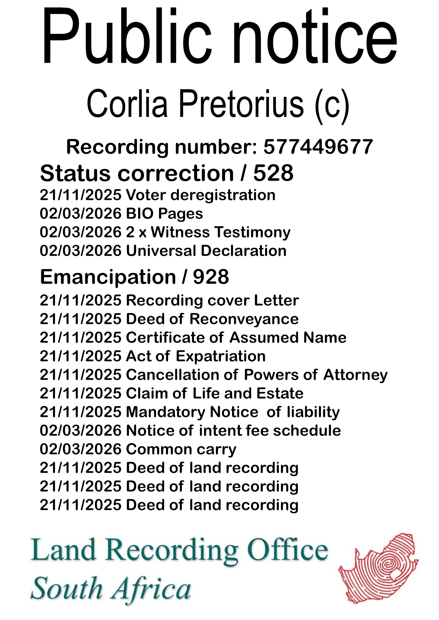 Public notice Corlia Pretorius (c) Recording number 577449677